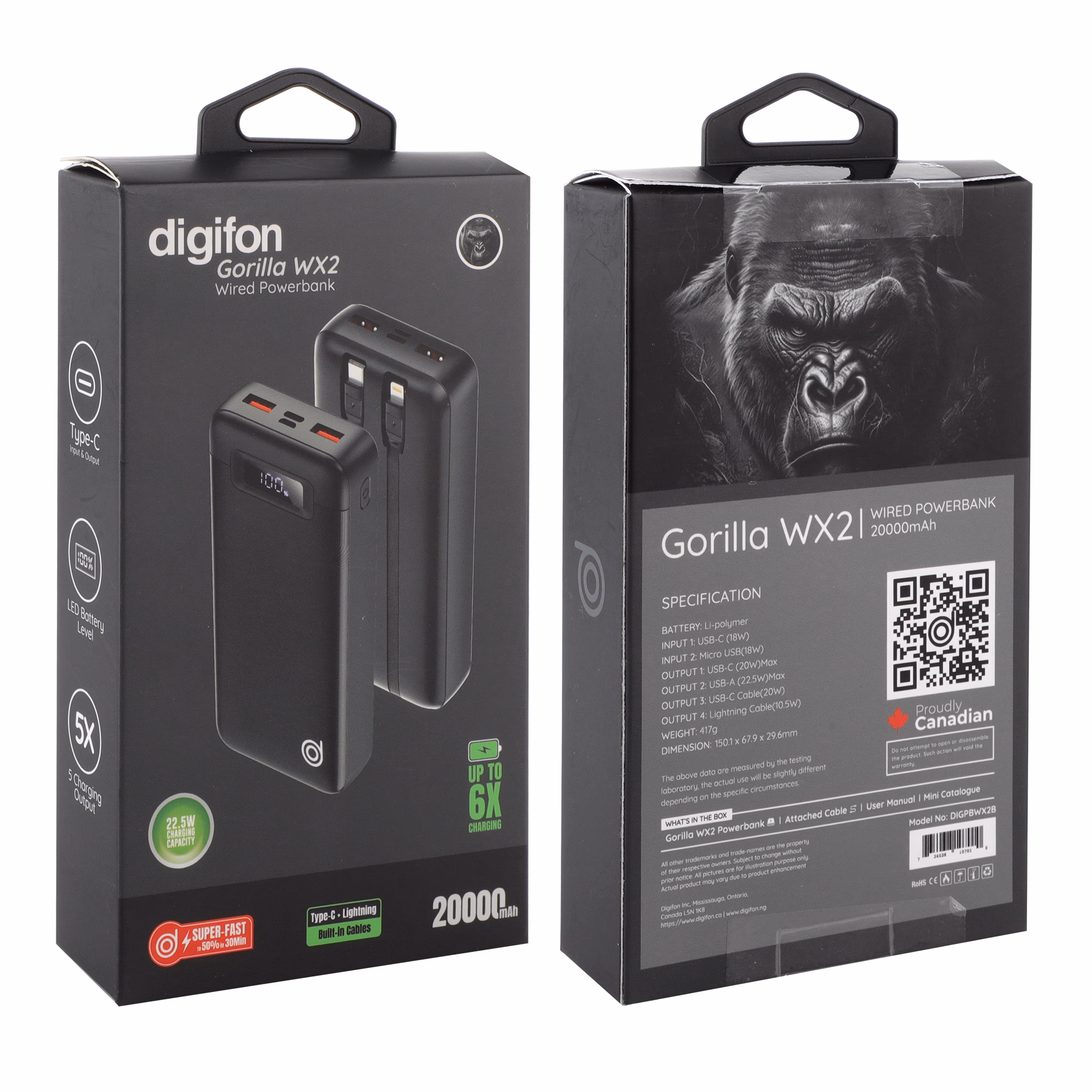 Gorilla WX2 20,000mAh Super-fast Charging 22.5W Wired Power Bank - digifon