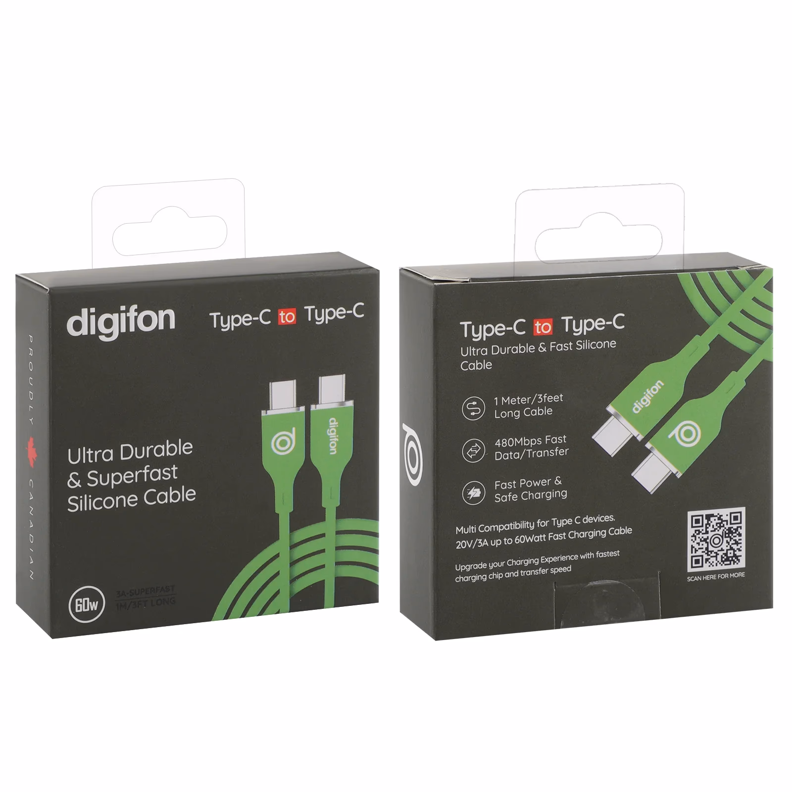 High-speed, Durable 60W Silicone USB C to Type C 1M Cable Green - digifon