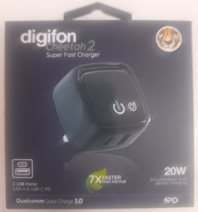 Cheetah2 20W USB-A & Type-C Fast Wall Charger Black - Digifon